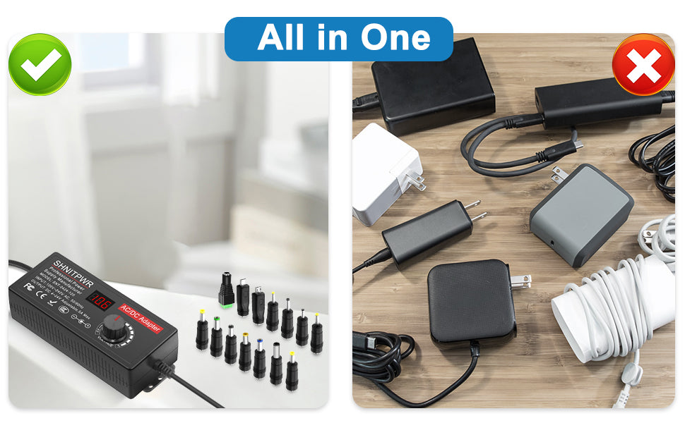SHNITPWR 3V ~ 24V 3A 72W Power Supply Adjustable DC 3V 5V 6V 9V 12V 15V 16V 18V 19V 20V 24V Variable Universal AC/DC Adapter 100V-240V AC to DC Converter with 14 Tips 5.5x2.5mm 4.0x1.7mm 3.5x1.35mm