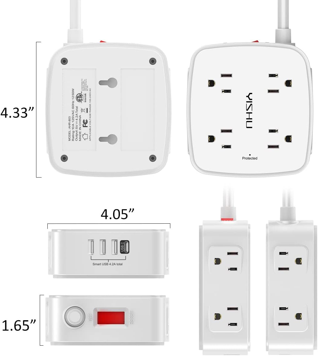 6 Ft Surge Protector Power Strip - 8 Widely Outlets with 4 USB Ports, 3 Side Outlet Extender with 6 Feet Extension Cord, Flat Plug, Wall Mount, Desk USB Charging Station, ETL,White