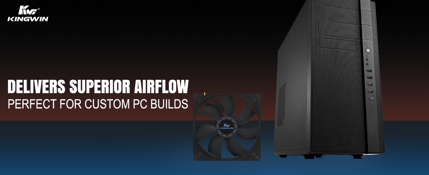 Kingwin 120mm Silent Fan for PC Cases, CPU Coolers, Mining Rigs – Quiet Computer Cooling Fan with Long Life Sleeve Bearing, High Airflow Ventilation – Black CF-012LB