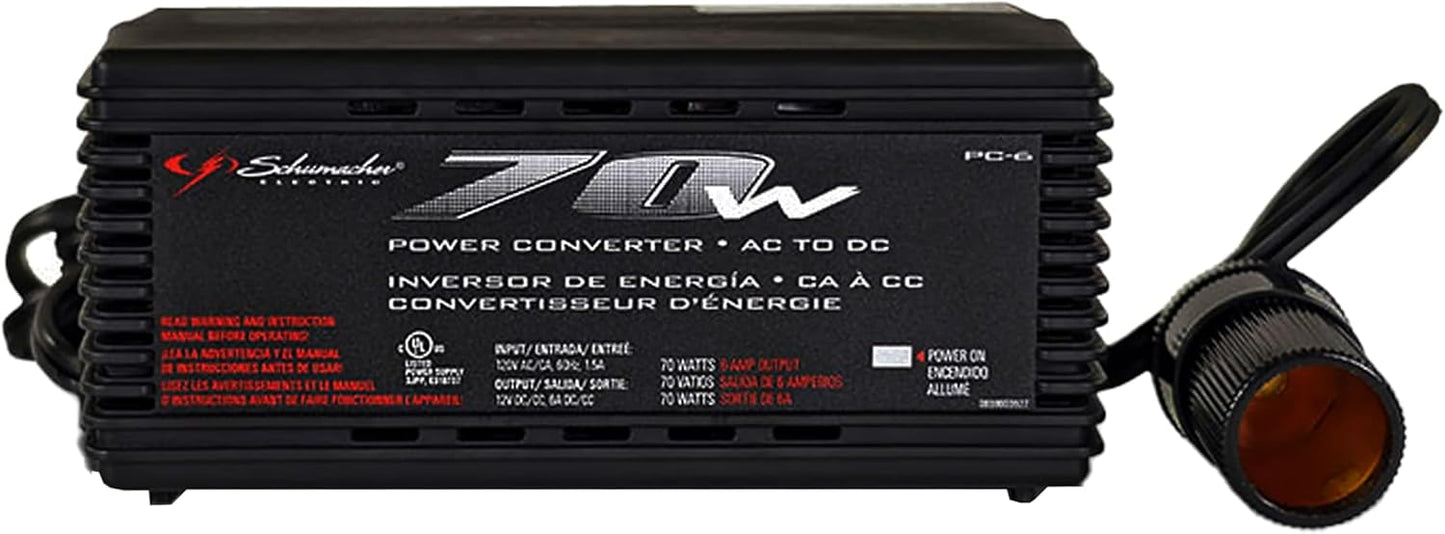 Schumacher Electric AC to DC Power Converter, PC-6, 70 Continuous Watts, 140 Peak Watts, 12 Volt DC Accessory Port, Plugs into Household AC Outlets