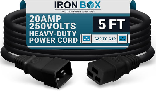 IronBox Electric - Heavy-Duty C20 to C19 Power Cord - 20A/250V Rated, 12/3 SJT IEC 60320 Equipment to PDU Cable - Male End C20 Plug/Female End C19 Connector - UL Listed Power Cable-(Black,5 Foot)