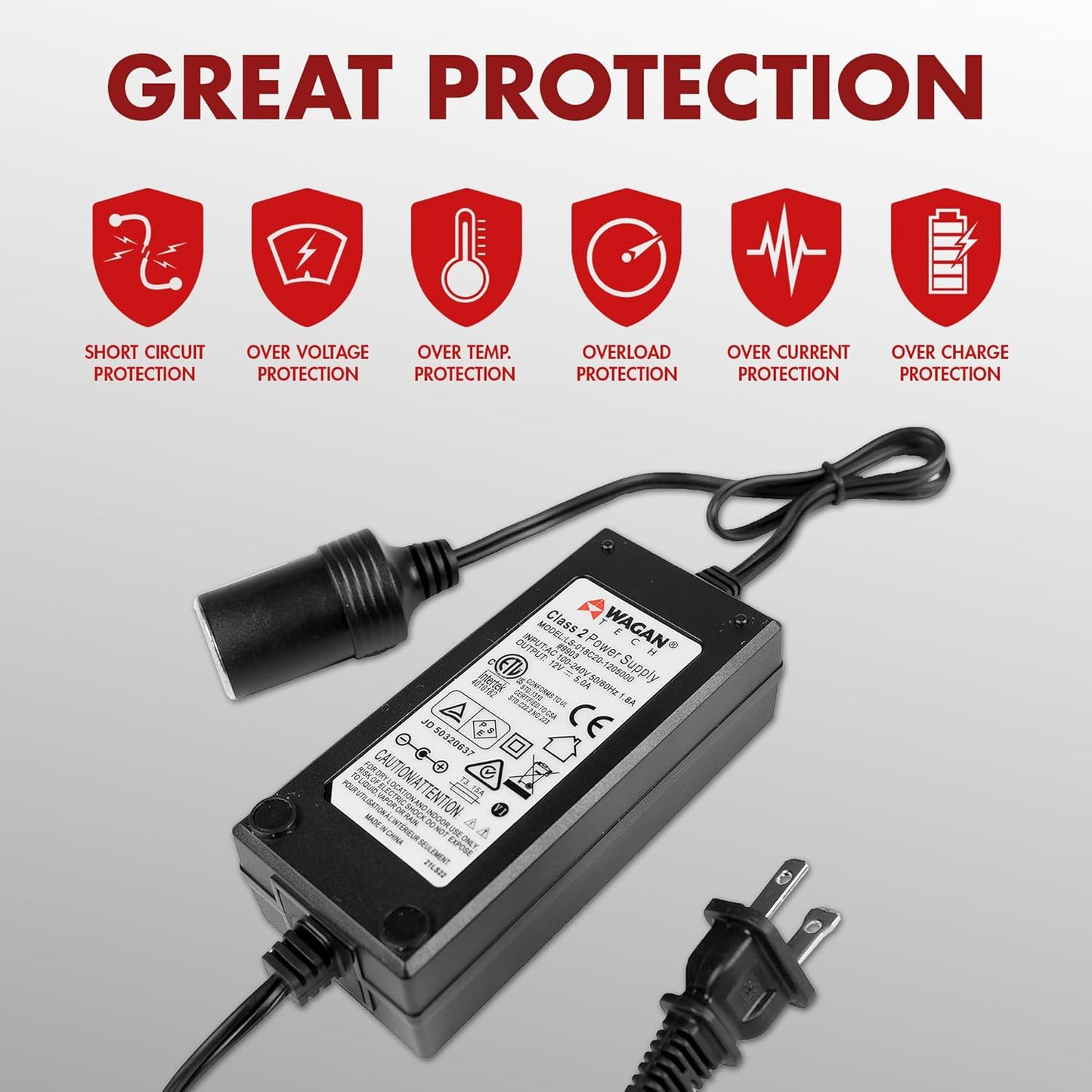 Wagan EL9903 AC to DC Power Adapter 5A 60W Power Converter 110V AC to 12V DC Cigarette Lighter Socket Adapter for 12V Car portable Fridge ETL listed