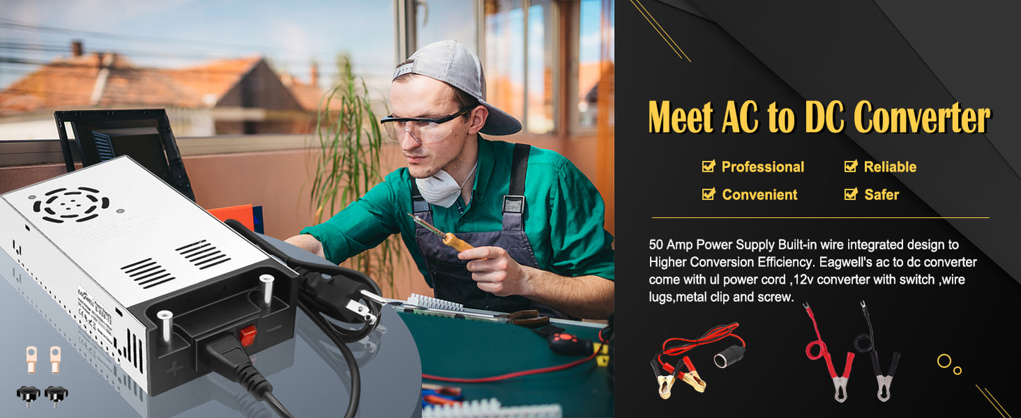 AC to DC Converter 12V Power Supply, Universal SMPS 120V AC to 12V 50A 600W DC Converter Power Supply Transformer Driver Adapter for RV,Pump,LED Strip, LCD Monitor